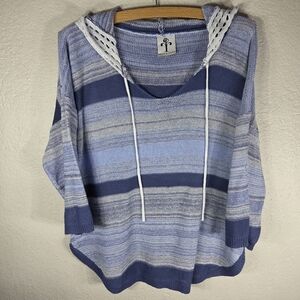 Rain + Rose Knit Hoodie Sweater Size L Blue Striped 3/4 Sleeve Pullover Lace
